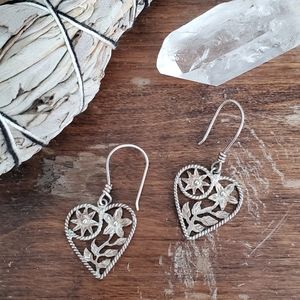 sterling silver 925 boho flower cutout hearts love dangle earrings